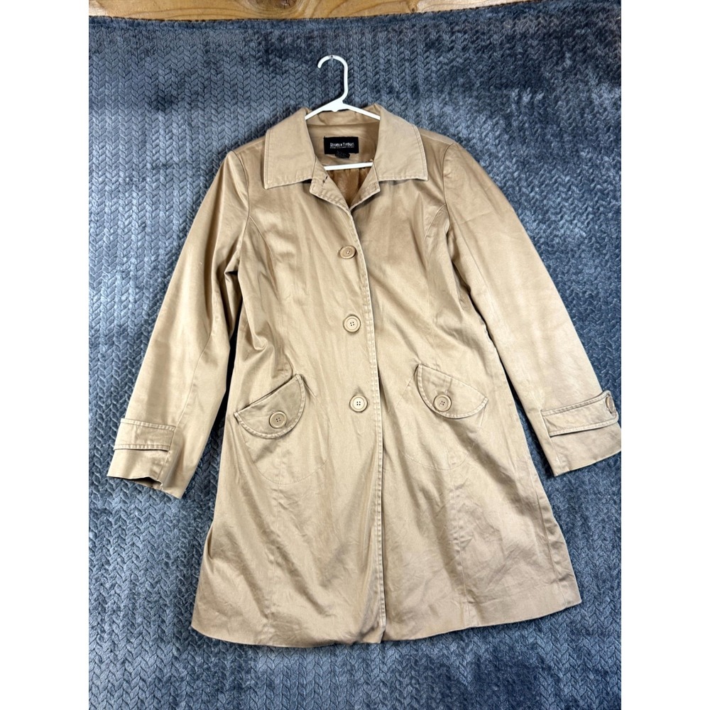 Brandon Thomas Trench‎ Coat Womens M Beige Cotton Stretch Lined Single Breasted